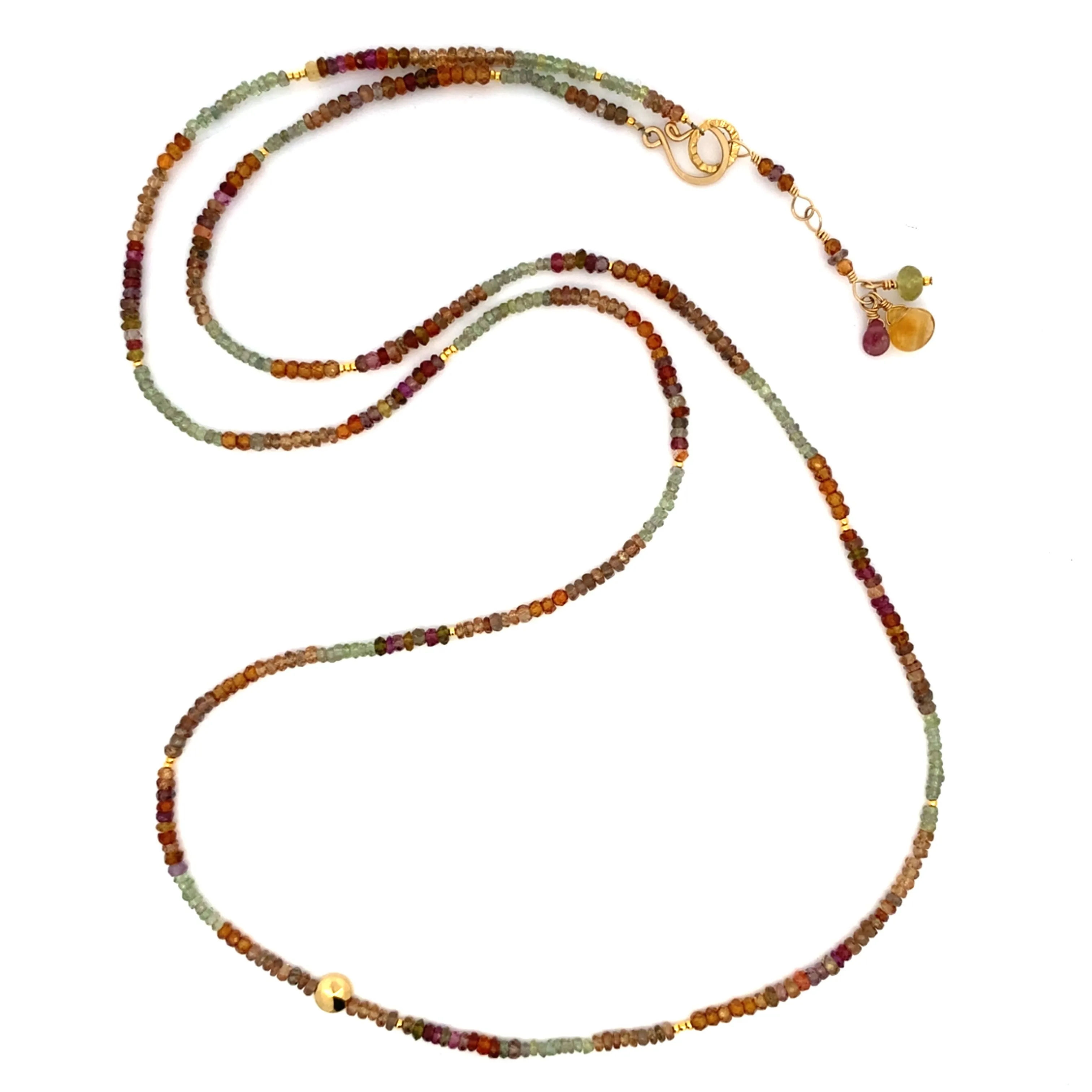 Multi Gemstone Necklace/Wrapped Bracelet with Andalusite, Tourmaline, and Green Sapphire in Gold