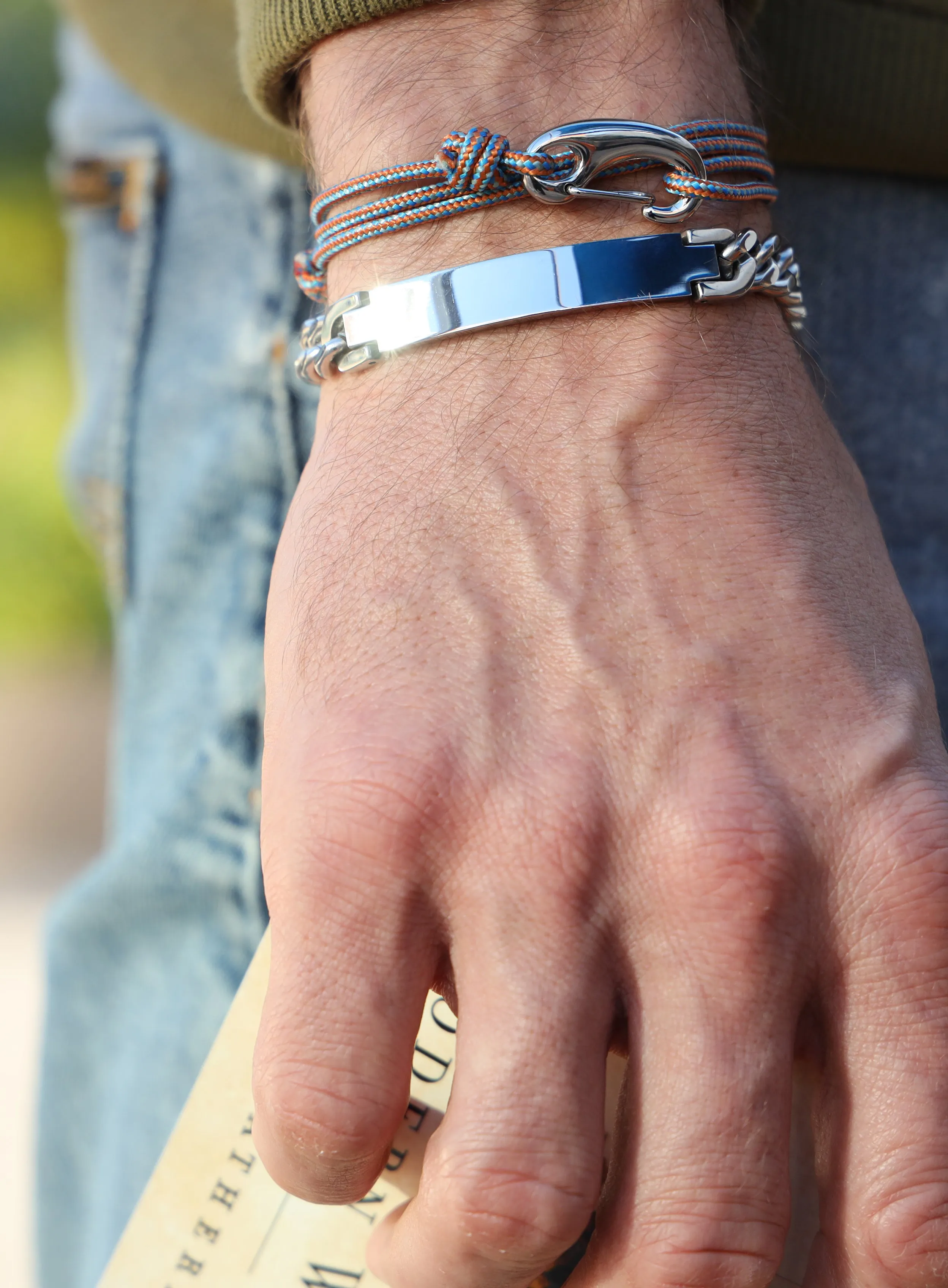Orange   Blue Tactical Cord Bracelet for Men (Silver Clasp - 30S)