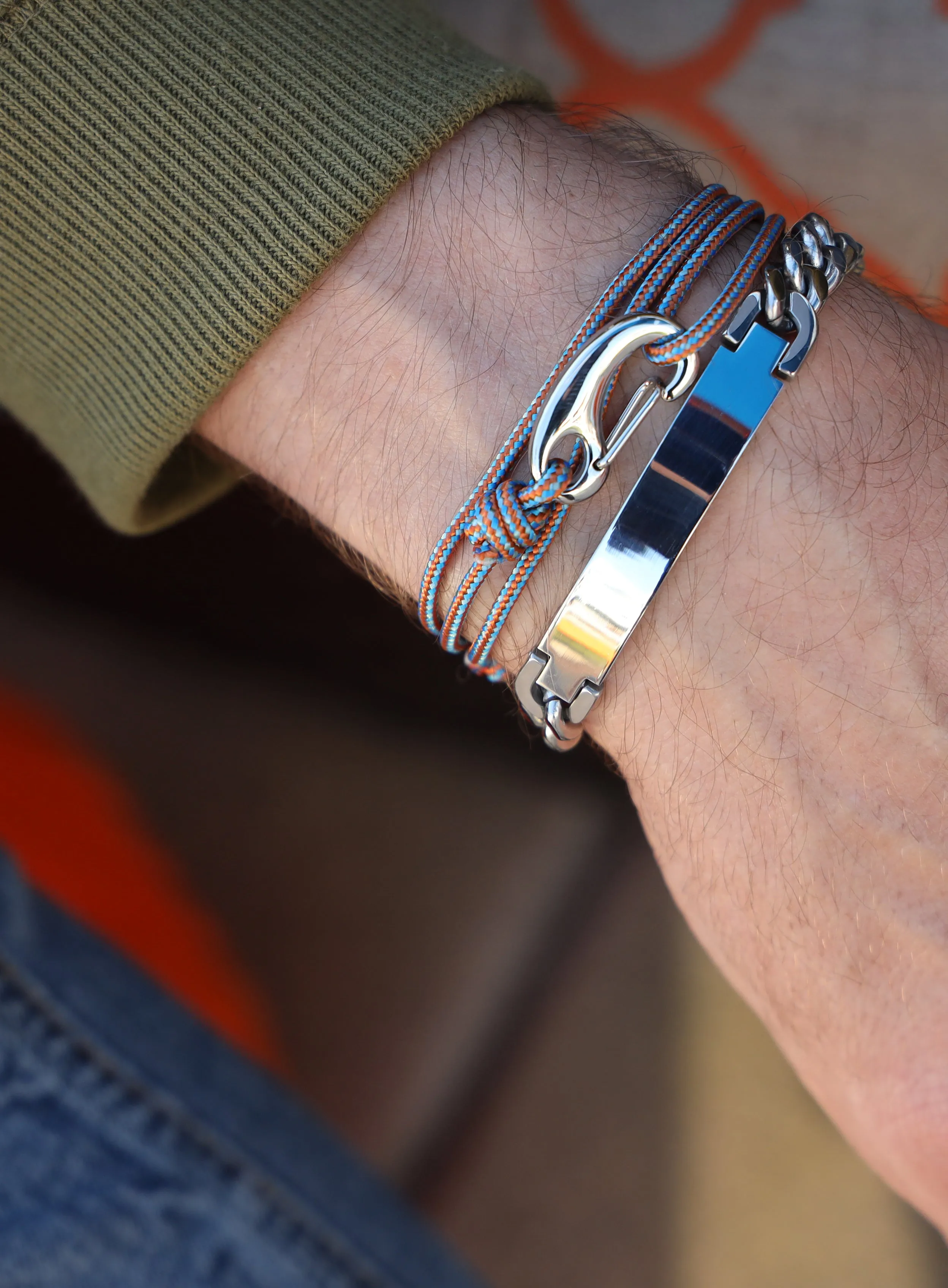 Orange   Blue Tactical Cord Bracelet for Men (Silver Clasp - 30S)