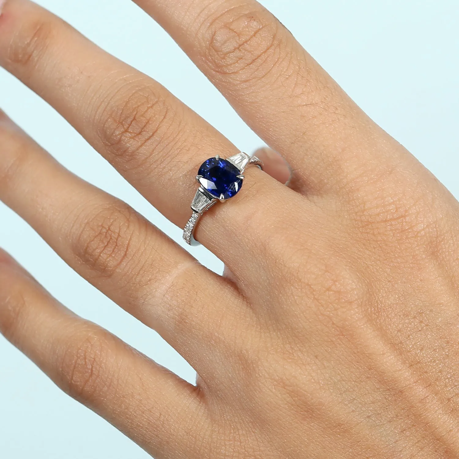 Oval Faceted Sapphire Prong Set Diamond 18k White Gold Ring Jewelry