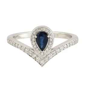 Pear Cut Blue Sapphire & Diamond Handmade Elegant Ring In 18k White Gold