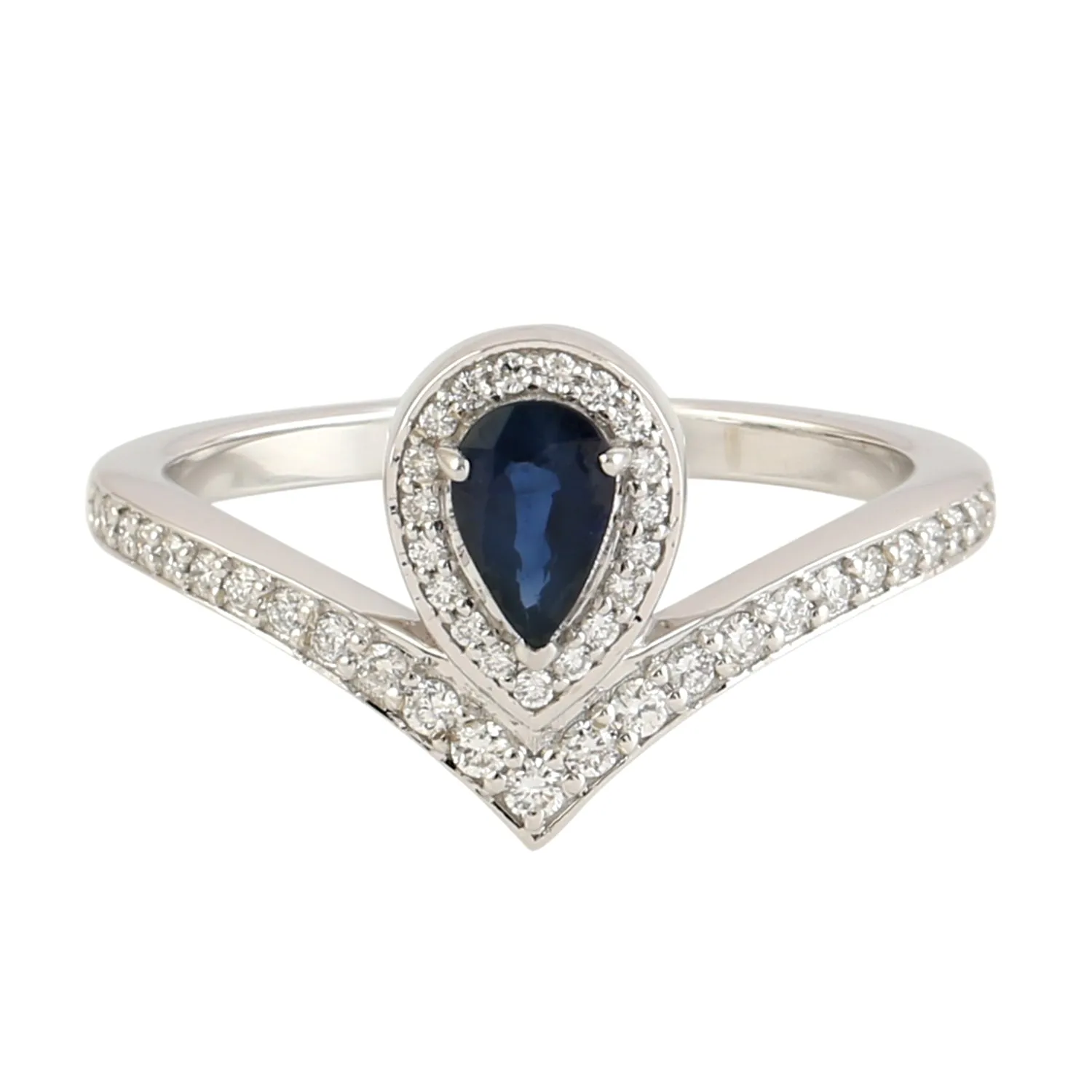 Pear Cut Blue Sapphire & Diamond Handmade Elegant Ring In 18k White Gold