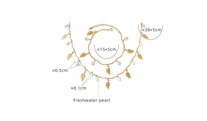 Pearl and Leaf Smile Heart Charms Necklace Bracelet Set