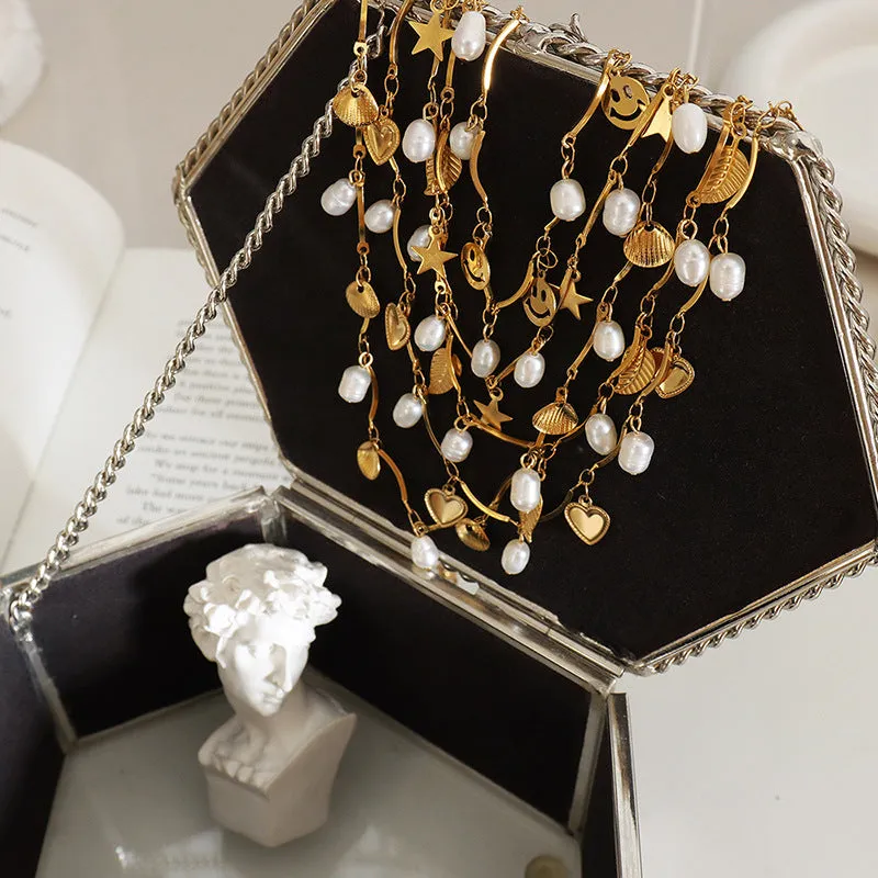 Pearl and Leaf Smile Heart Charms Necklace Bracelet Set