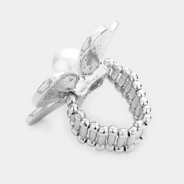 Pearl Rhinestone Pave Flower Silver Tone Stretch Ring