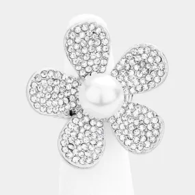 Pearl Rhinestone Pave Flower Silver Tone Stretch Ring