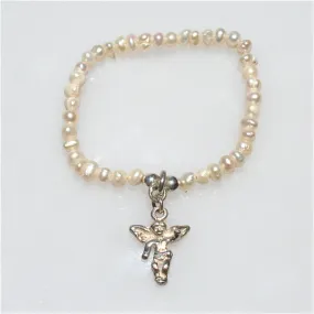 Pearl Stretch Bracelet with Sterling Silver Guardian Angel Charm