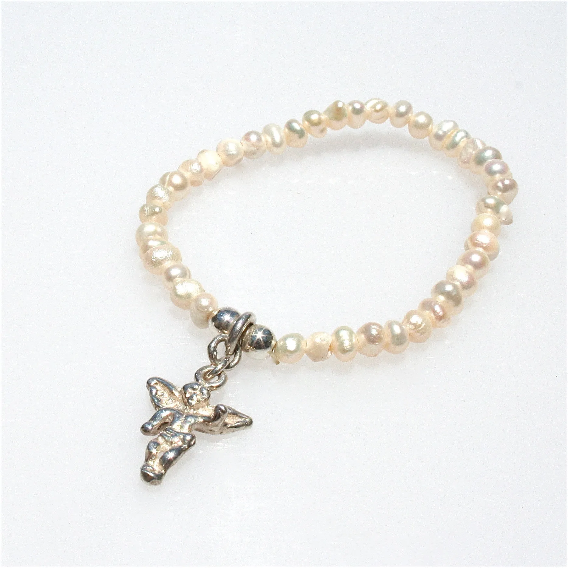 Pearl Stretch Bracelet with Sterling Silver Guardian Angel Charm