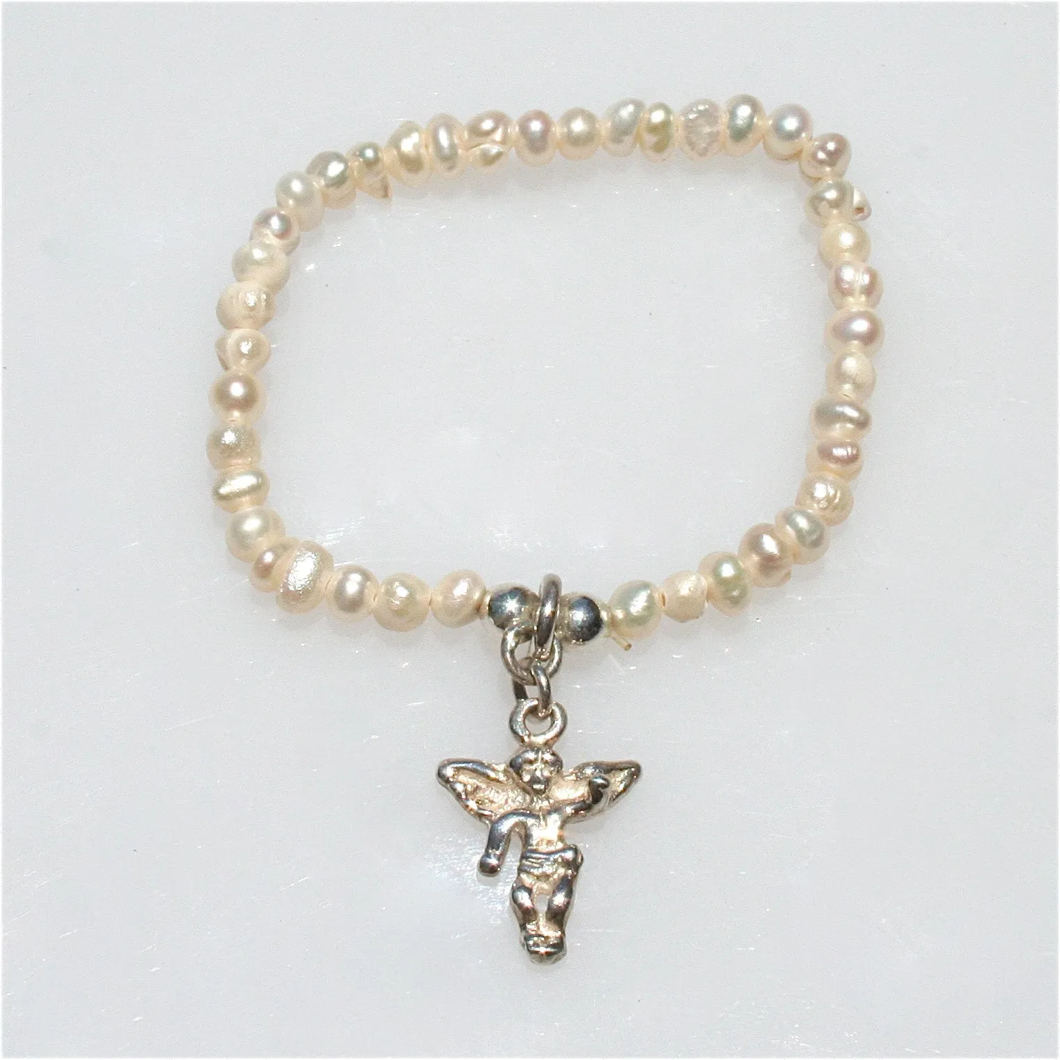 Pearl Stretch Bracelet with Sterling Silver Guardian Angel Charm