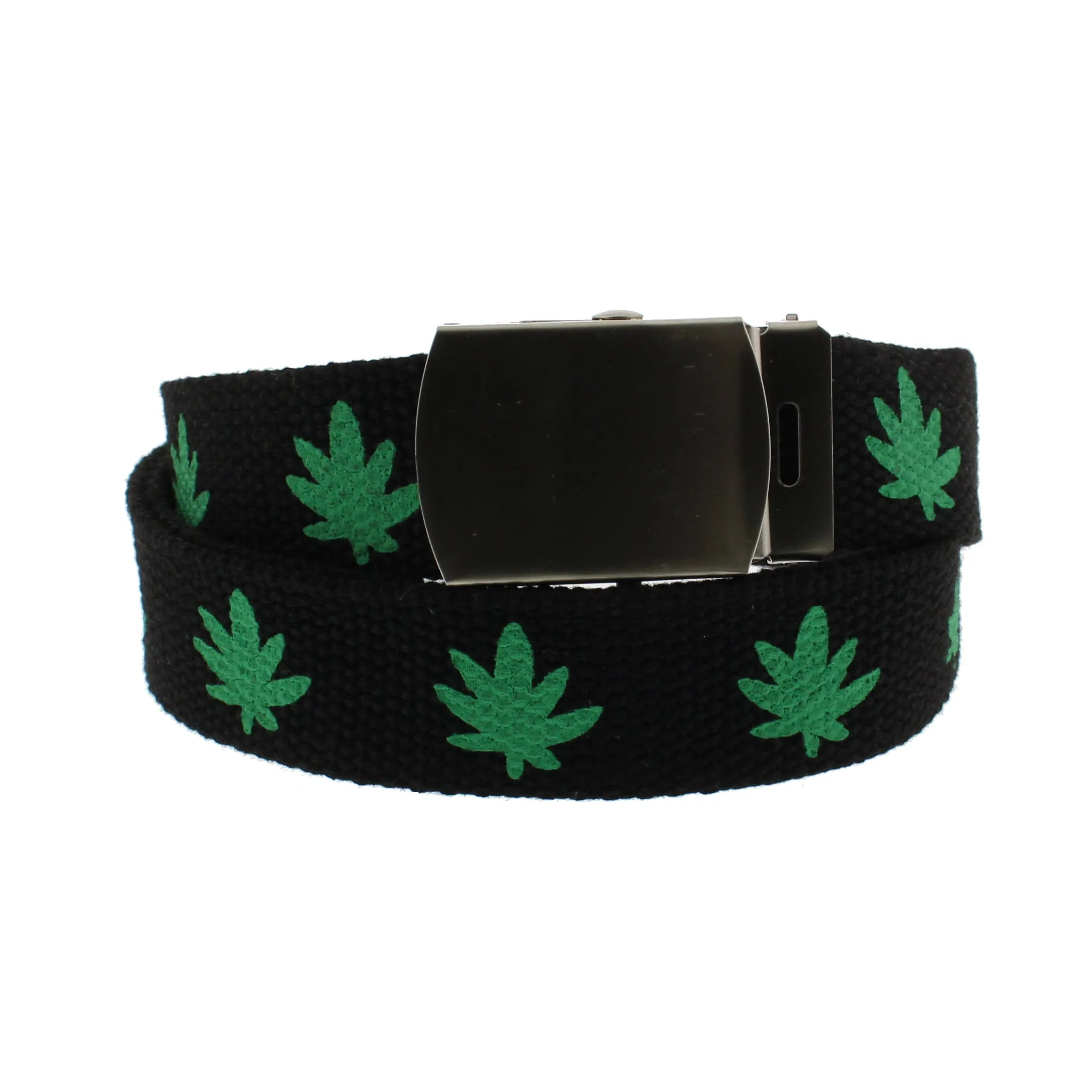 Pot Leaf Canvas Webbing Belt with Shiny Silver Slider Buckle (Length - 120cm, Width - 3cm)