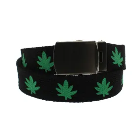 Pot Leaf Canvas Webbing Belt with Shiny Silver Slider Buckle (Length - 120cm, Width - 3cm)