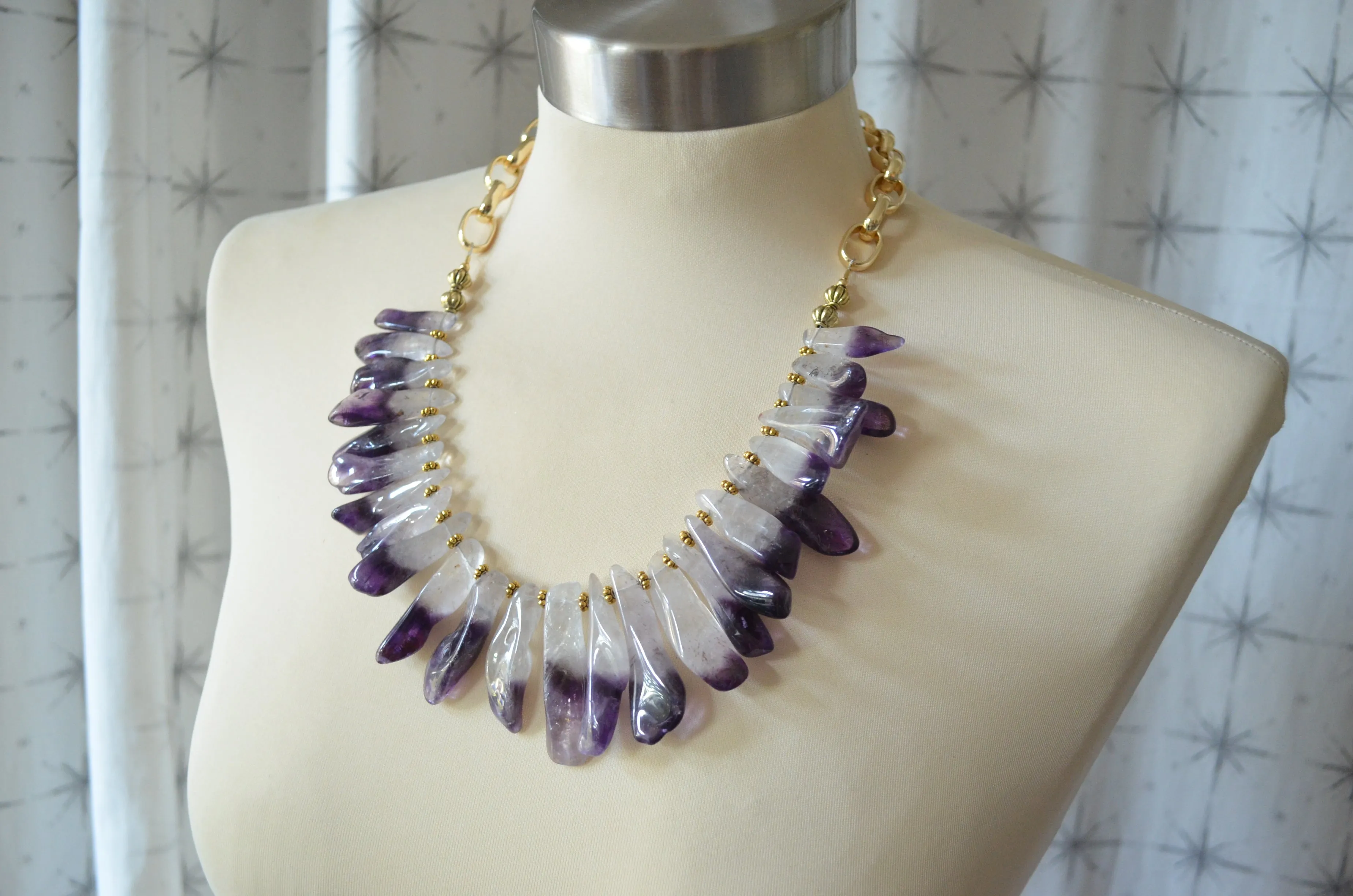 Purple Amethyst Beaded Gold Chunky Chain Bib Statement Necklace - Times Square