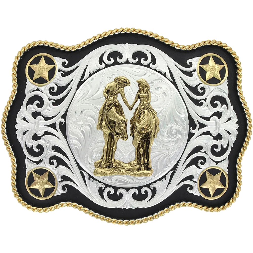 "2 Trails Become One Road" Scalloped Sheridan Style Western Belt Buckle