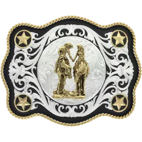 "2 Trails Become One Road" Scalloped Sheridan Style Western Belt Buckle