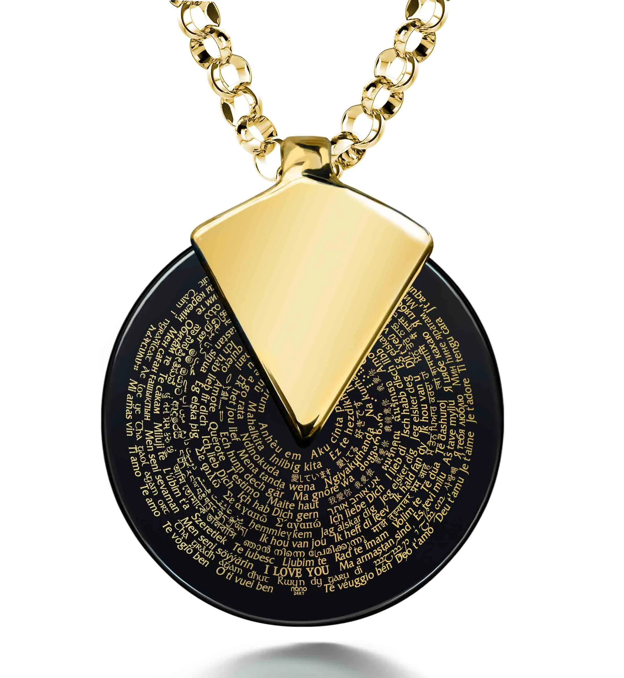 "I Love You" in 120 Languages, 14k Gold Necklace, Onyx