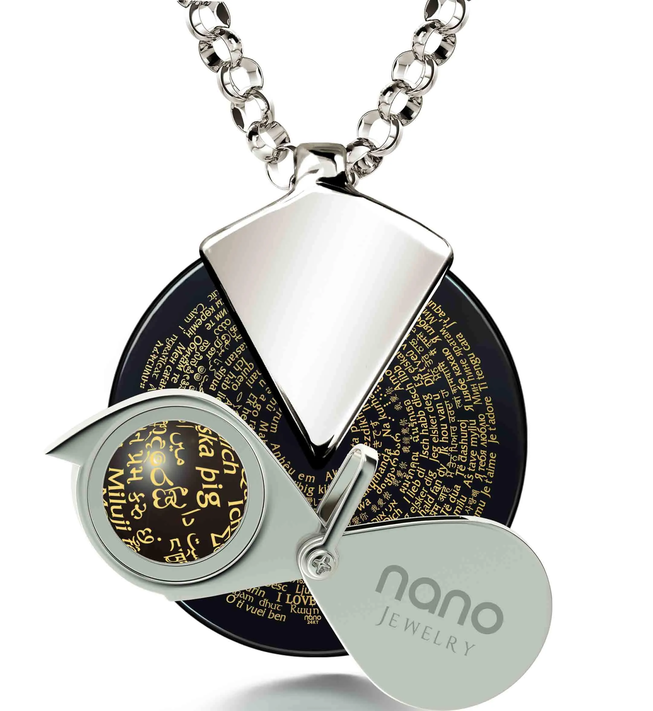 "I Love You" in 120 Languages, Sterling Silver Necklace, Onyx