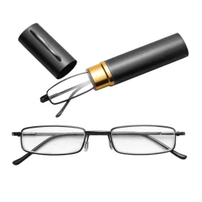 Reading Glasses Metal Spring Foot Portable Presbyopic Glasses with Tube Case  4.00D(Black)