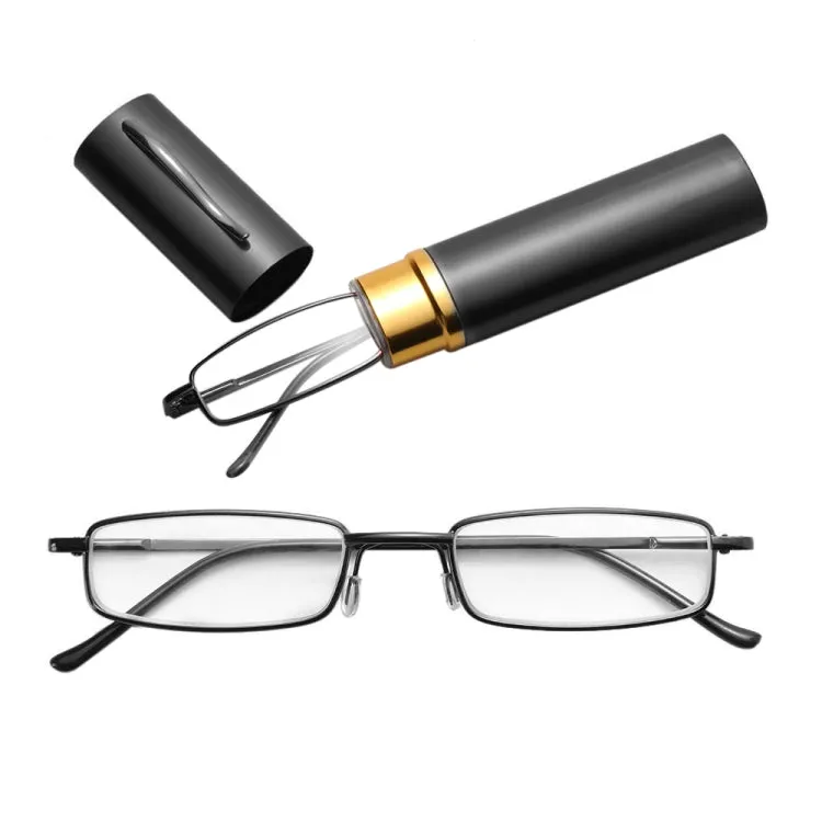 Reading Glasses Metal Spring Foot Portable Presbyopic Glasses with Tube Case  4.00D(Black)