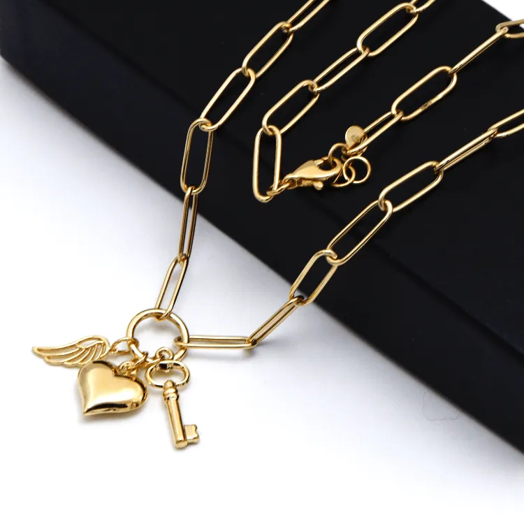 Real Gold Paper Clip Chain Necklace with 3D Heart Key and Wings Charms (40 C.M) 1404 N1450