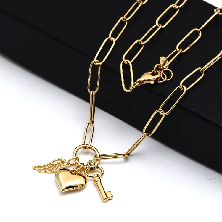 Real Gold Paper Clip Chain Necklace with 3D Heart Key and Wings Charms (40 C.M) 1404 N1450