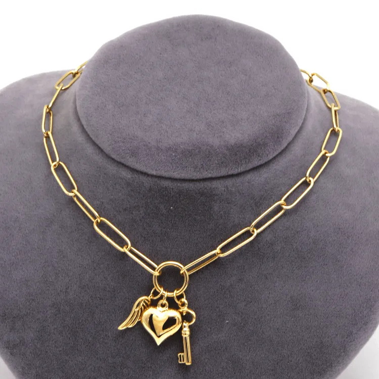 Real Gold Paper Clip Chain Necklace with 3D Heart Key and Wings Charms (40 C.M) 1404 N1450