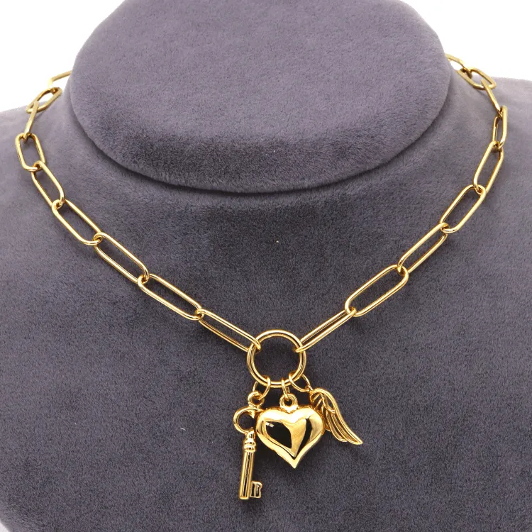 Real Gold Paper Clip Chain Necklace with 3D Heart Key and Wings Charms (40 C.M) 1404 N1450