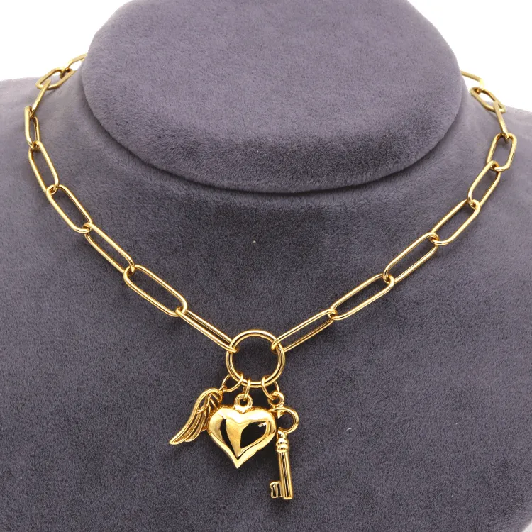 Real Gold Paper Clip Chain Necklace with 3D Heart Key and Wings Charms (40 C.M) 1404 N1450