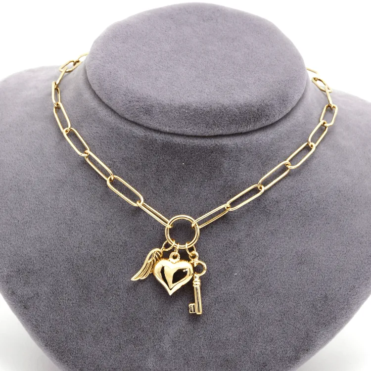 Real Gold Paper Clip Chain Necklace with 3D Heart Key and Wings Charms (40 C.M) 1404 N1450