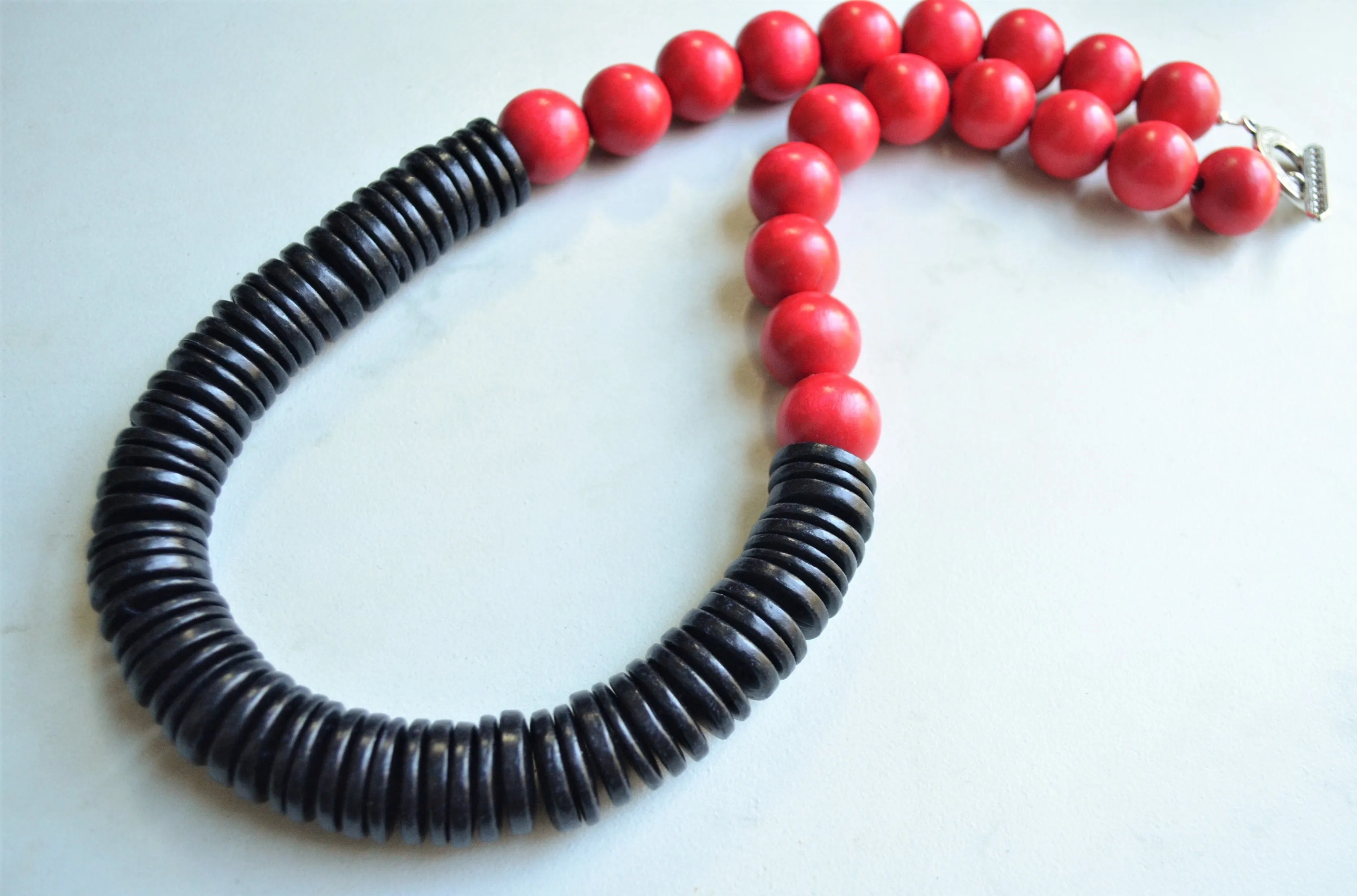 Red Black Chunky Wood Beaded Long Statement Necklace - Elena