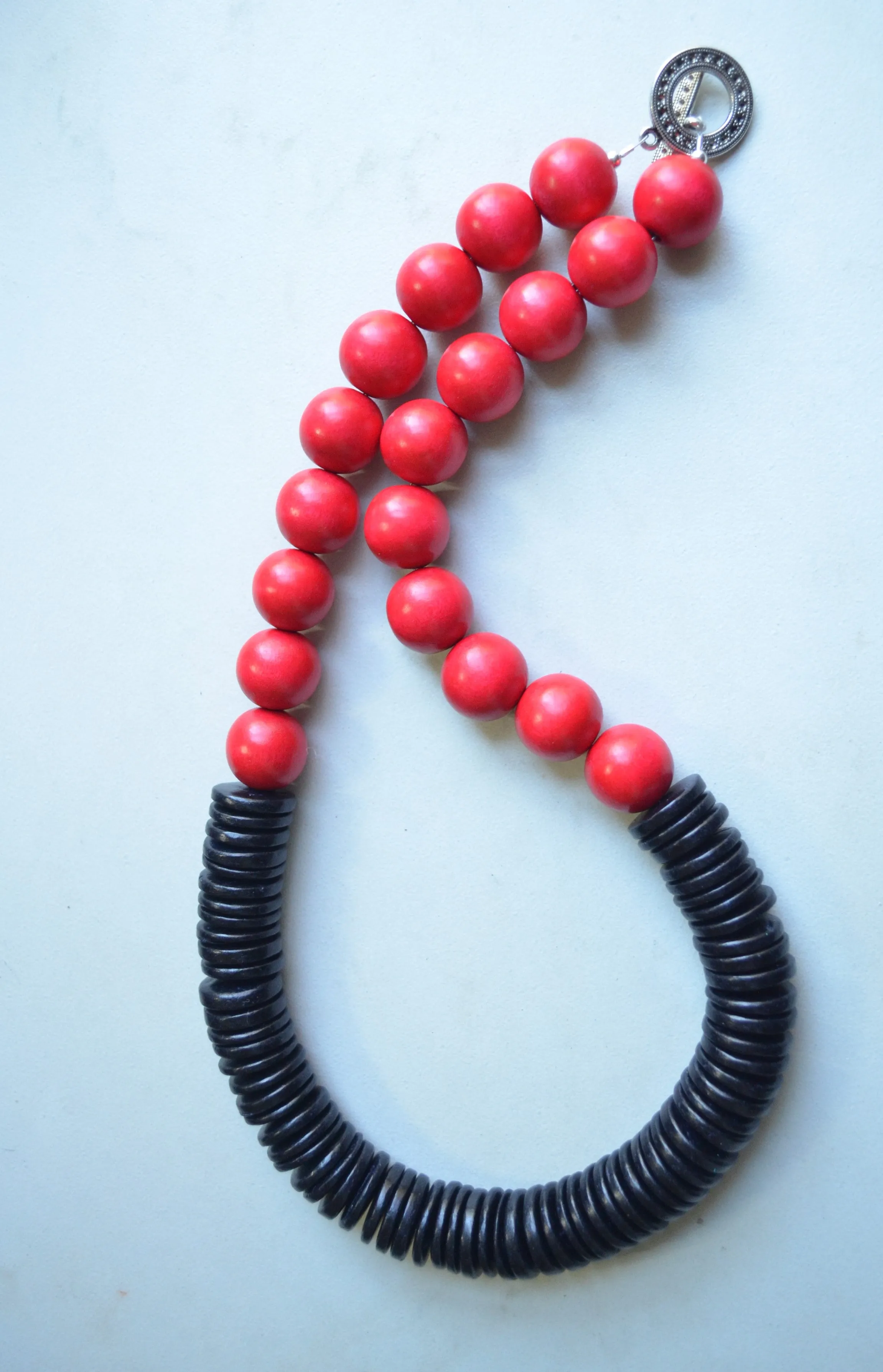 Red Black Chunky Wood Beaded Long Statement Necklace - Elena