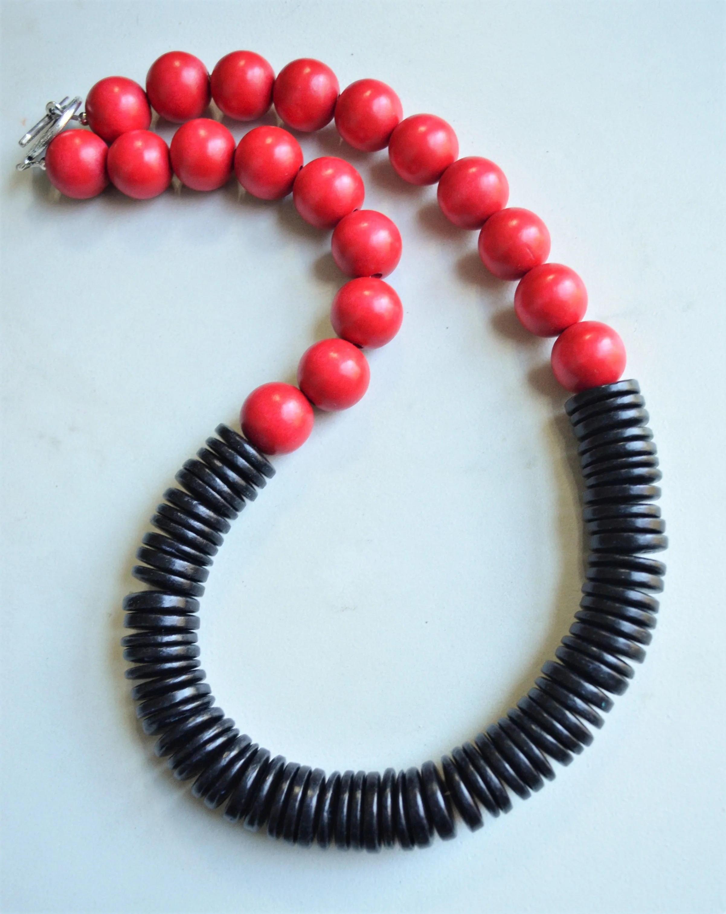 Red Black Chunky Wood Beaded Long Statement Necklace - Elena