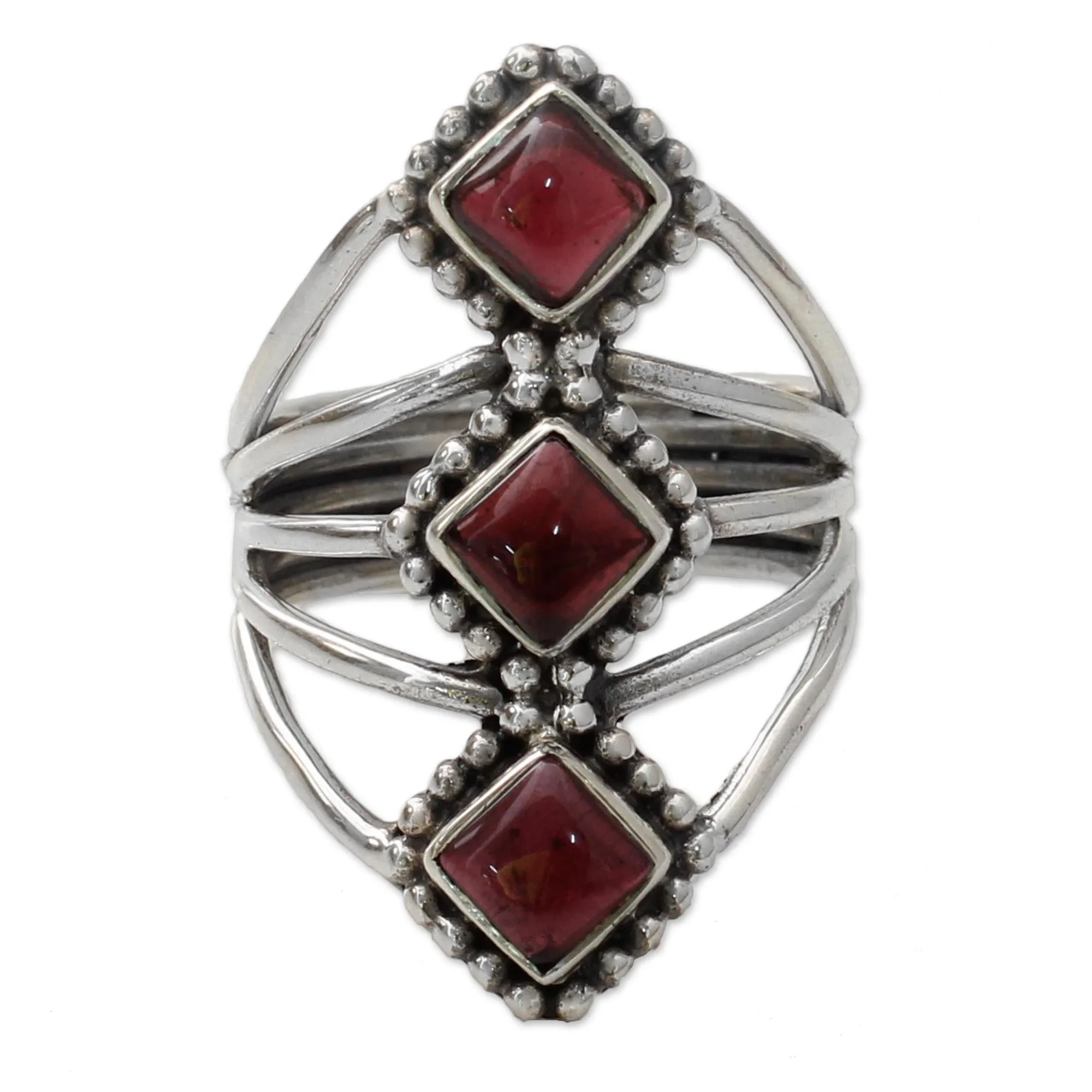 Red Garnet Artisan Crafted Indian Silver Cocktail Ring - Deep Red Diamonds | NOVICA