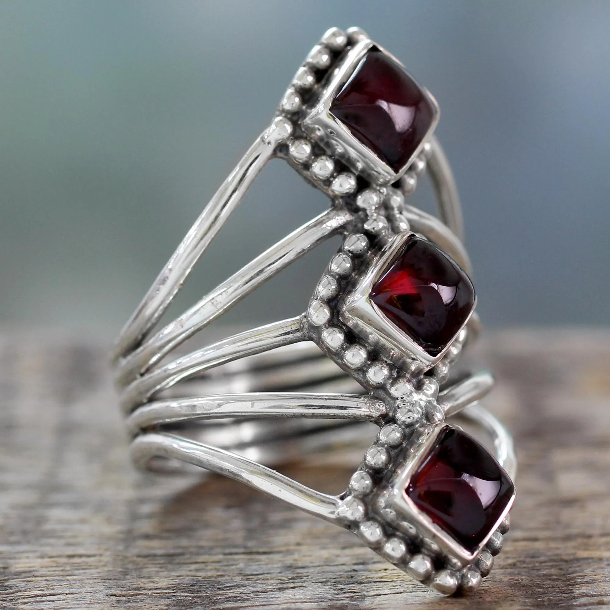 Red Garnet Artisan Crafted Indian Silver Cocktail Ring - Deep Red Diamonds | NOVICA