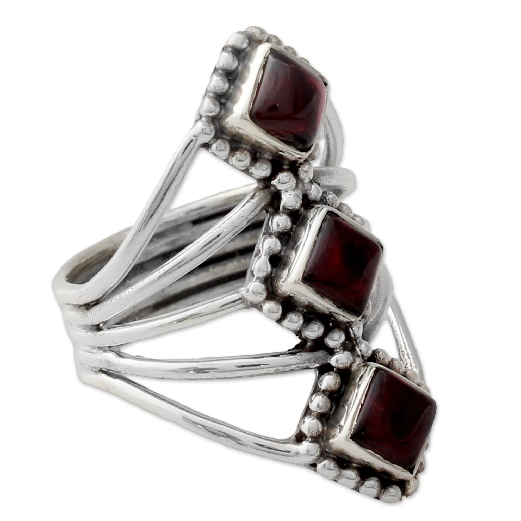 Red Garnet Artisan Crafted Indian Silver Cocktail Ring - Deep Red Diamonds | NOVICA