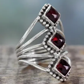 Red Garnet Artisan Crafted Indian Silver Cocktail Ring - Deep Red Diamonds | NOVICA