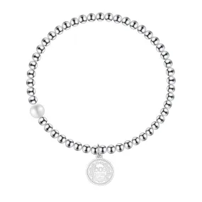 S925 Beads Round Coin Charm Pearl Elastic Bracelet