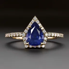 SAPPHIRE DIAMOND COCKTAIL RING PEAR SHAPE KITE HALO NATURAL 14k YELLOW GOLD