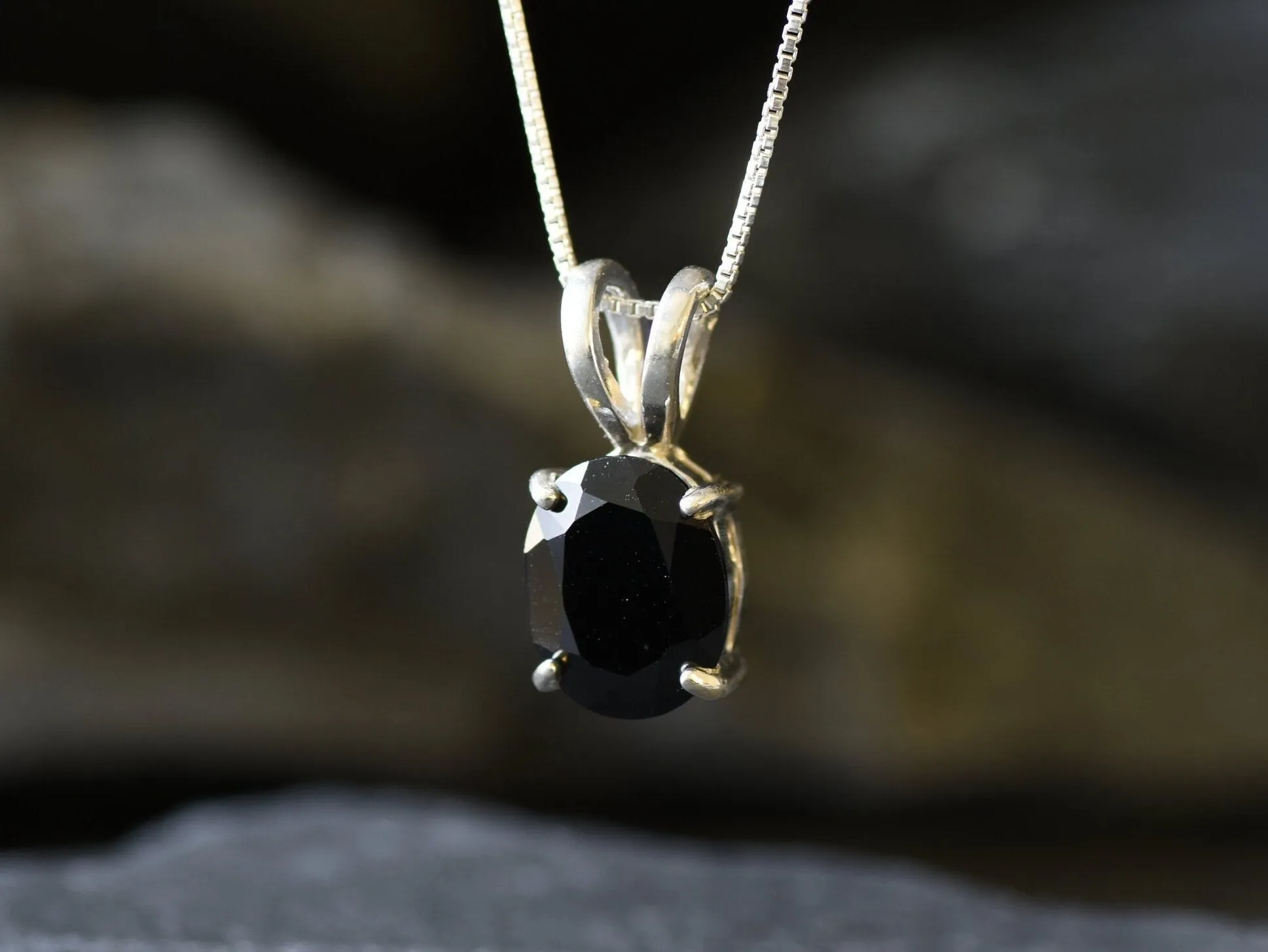 Silver Onyx Pendant - Black Oval Necklace - Real Onyx Necklace