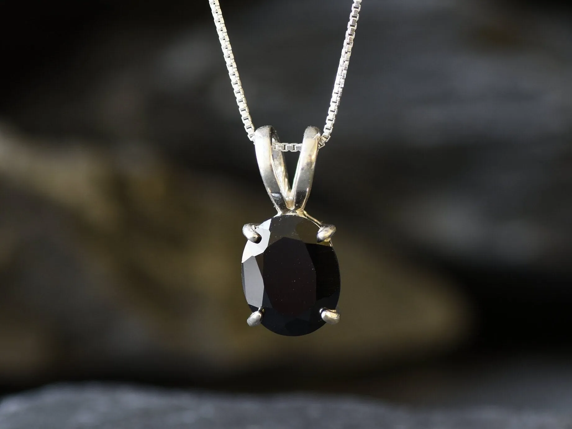Silver Onyx Pendant - Black Oval Necklace - Real Onyx Necklace