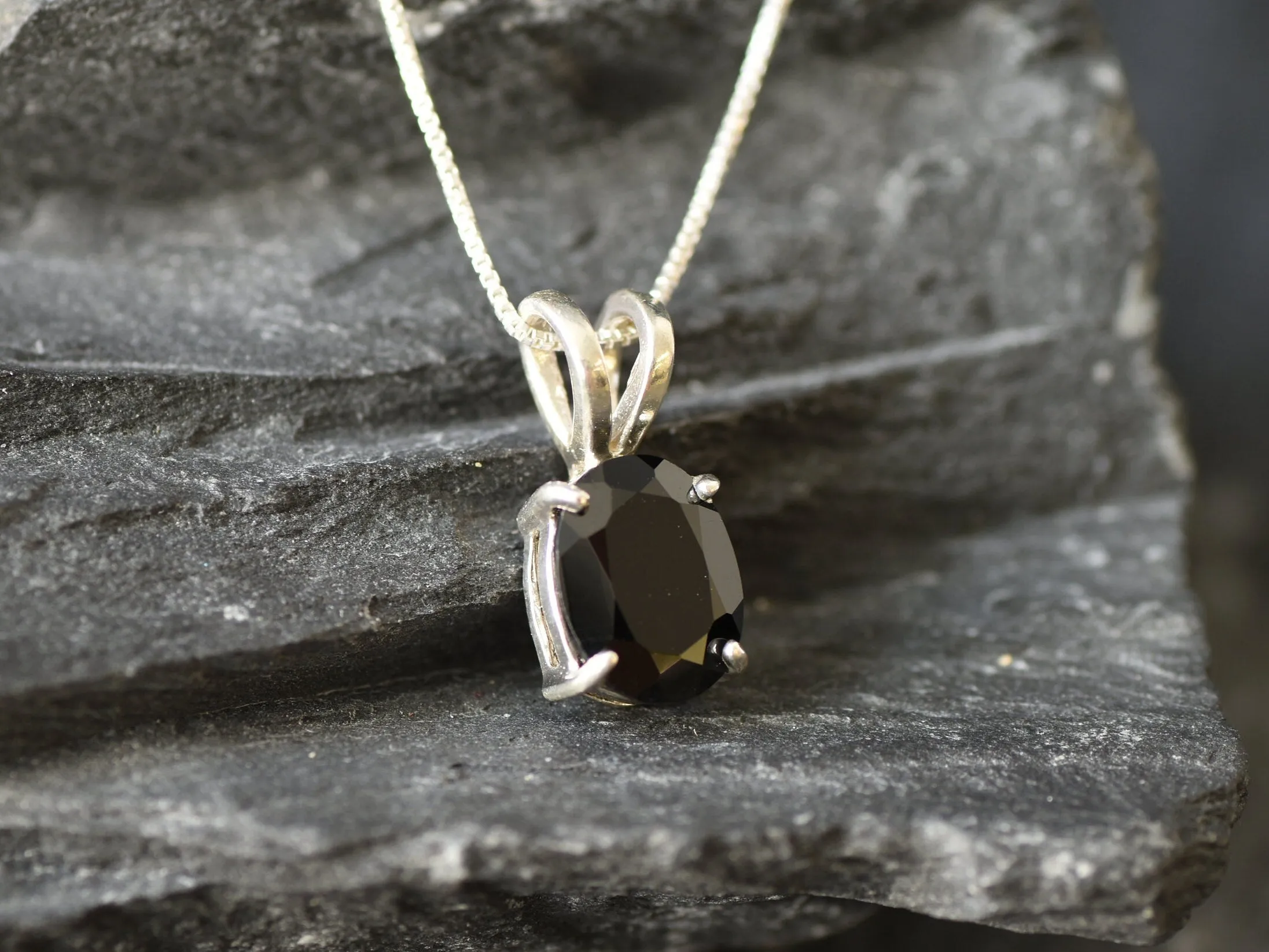 Silver Onyx Pendant - Black Oval Necklace - Real Onyx Necklace