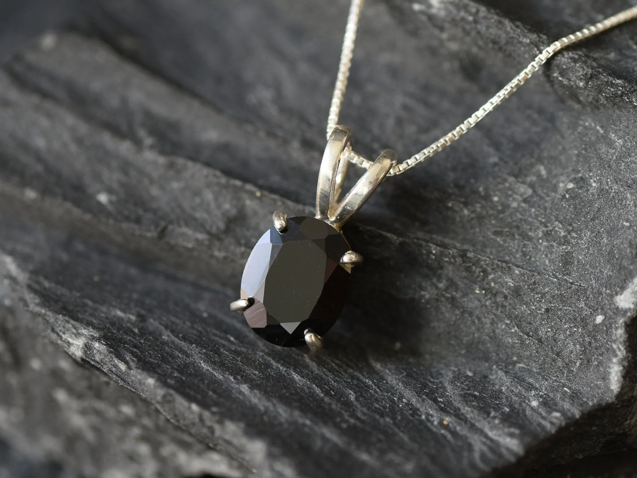 Silver Onyx Pendant - Black Oval Necklace - Real Onyx Necklace