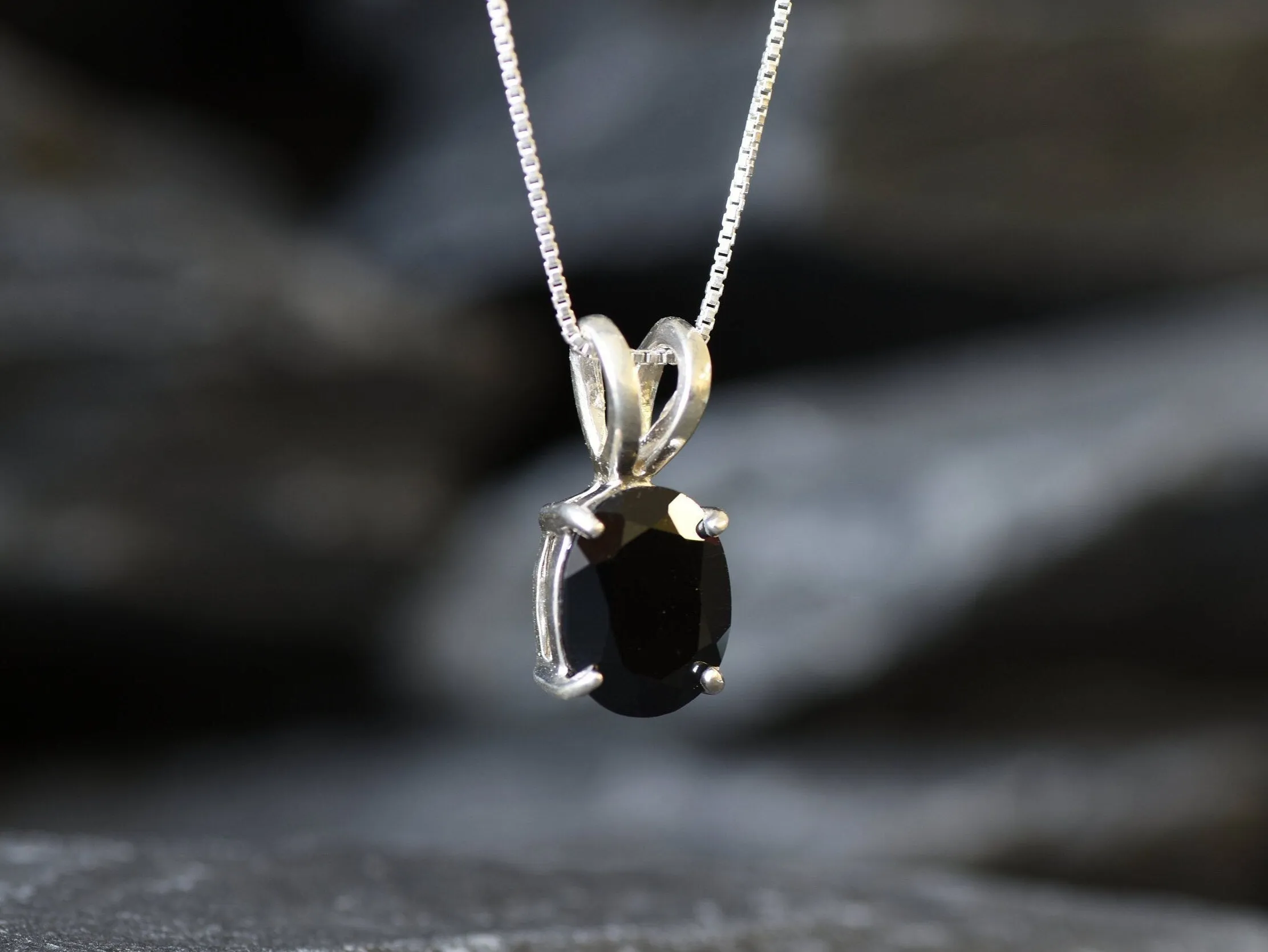 Silver Onyx Pendant - Black Oval Necklace - Real Onyx Necklace