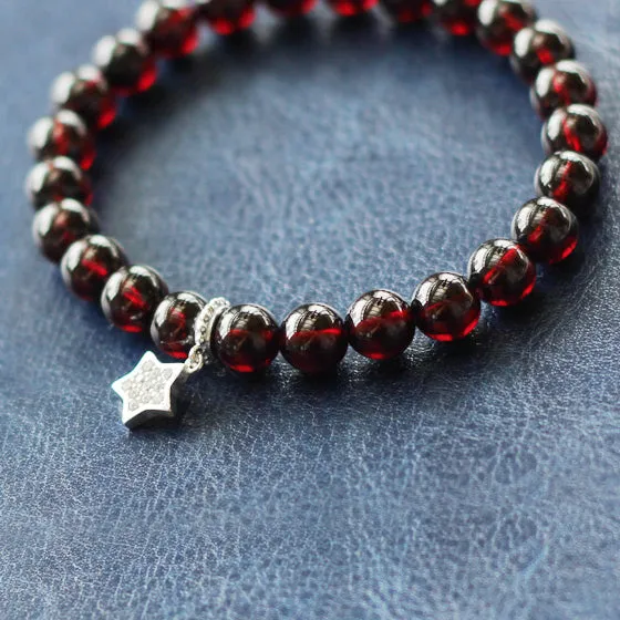 Silver Star Garnet Beaded Bracelet Handmade January Birthstone Jewelry Women