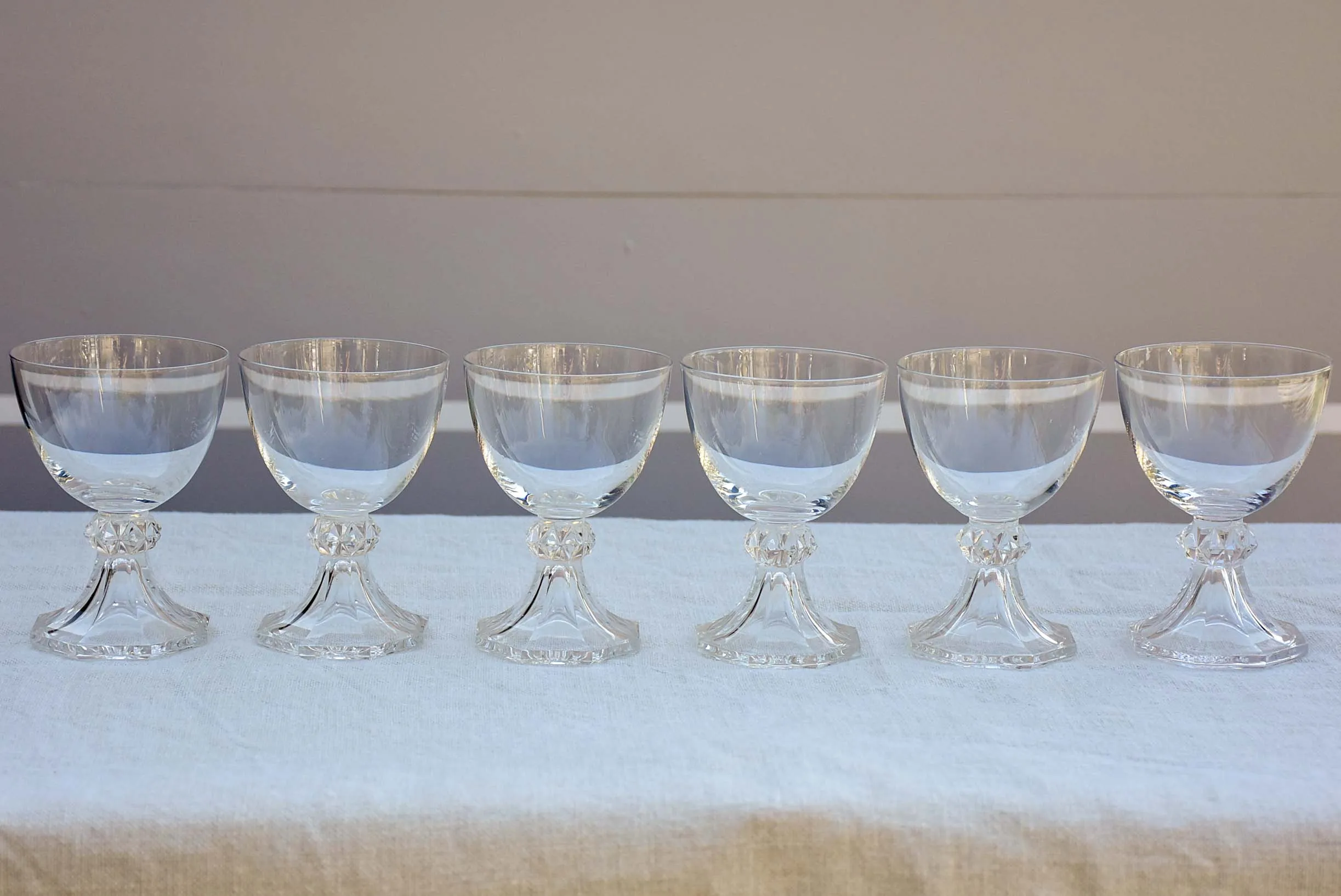 Six vintage crystal white wine glasses