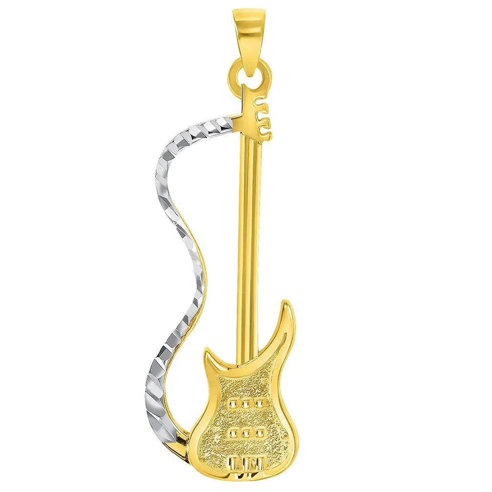Solid 14k Yellow Gold Electric Guitar Two-Tone Musical Instrument Pendant with Cuban Curb Chain Necklace