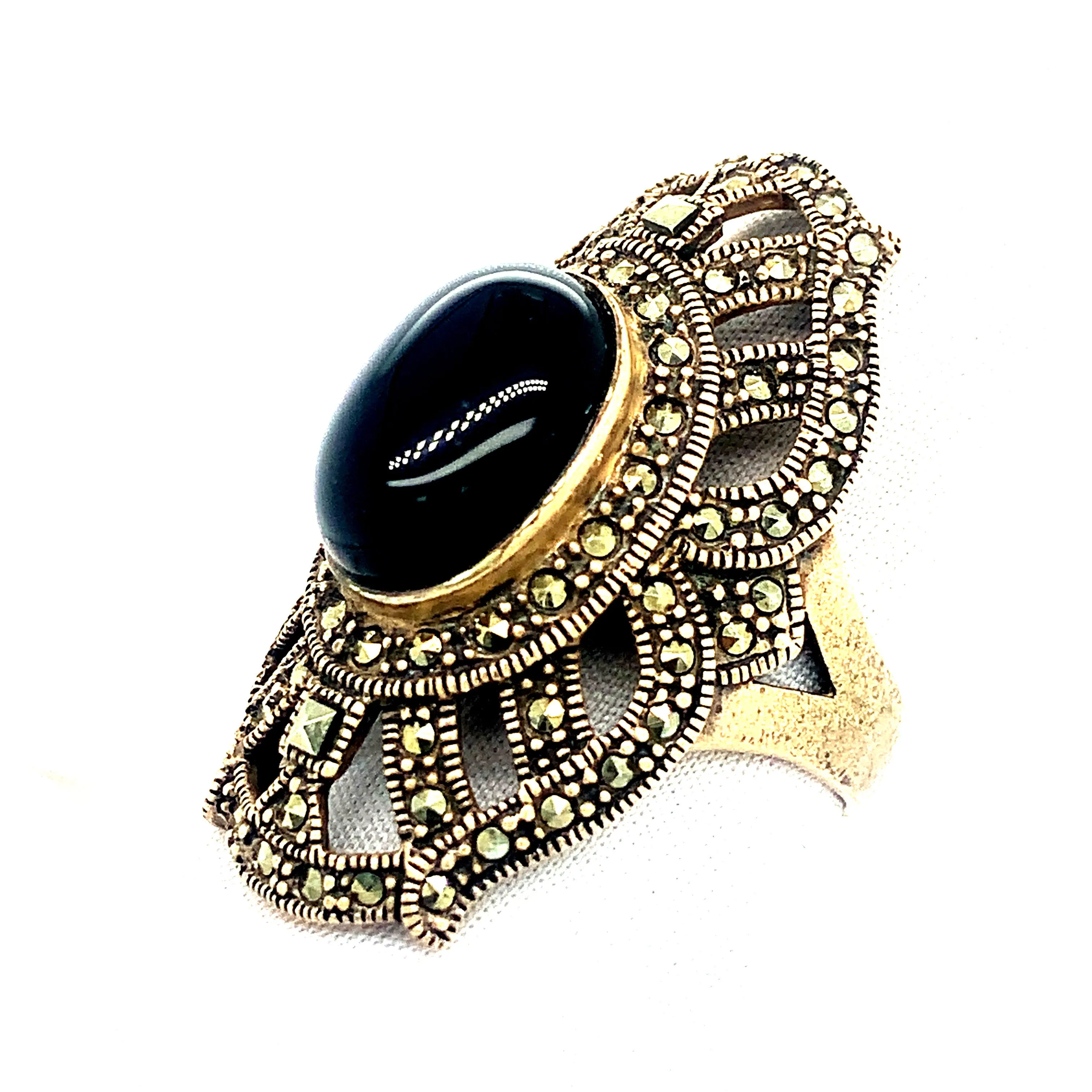 Sterling Silver Marcasite and Onyx Cocktail Ring