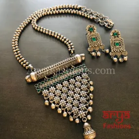 Tani Oxidized Silver Tribal Necklace with Green Stones / Statement Necklace