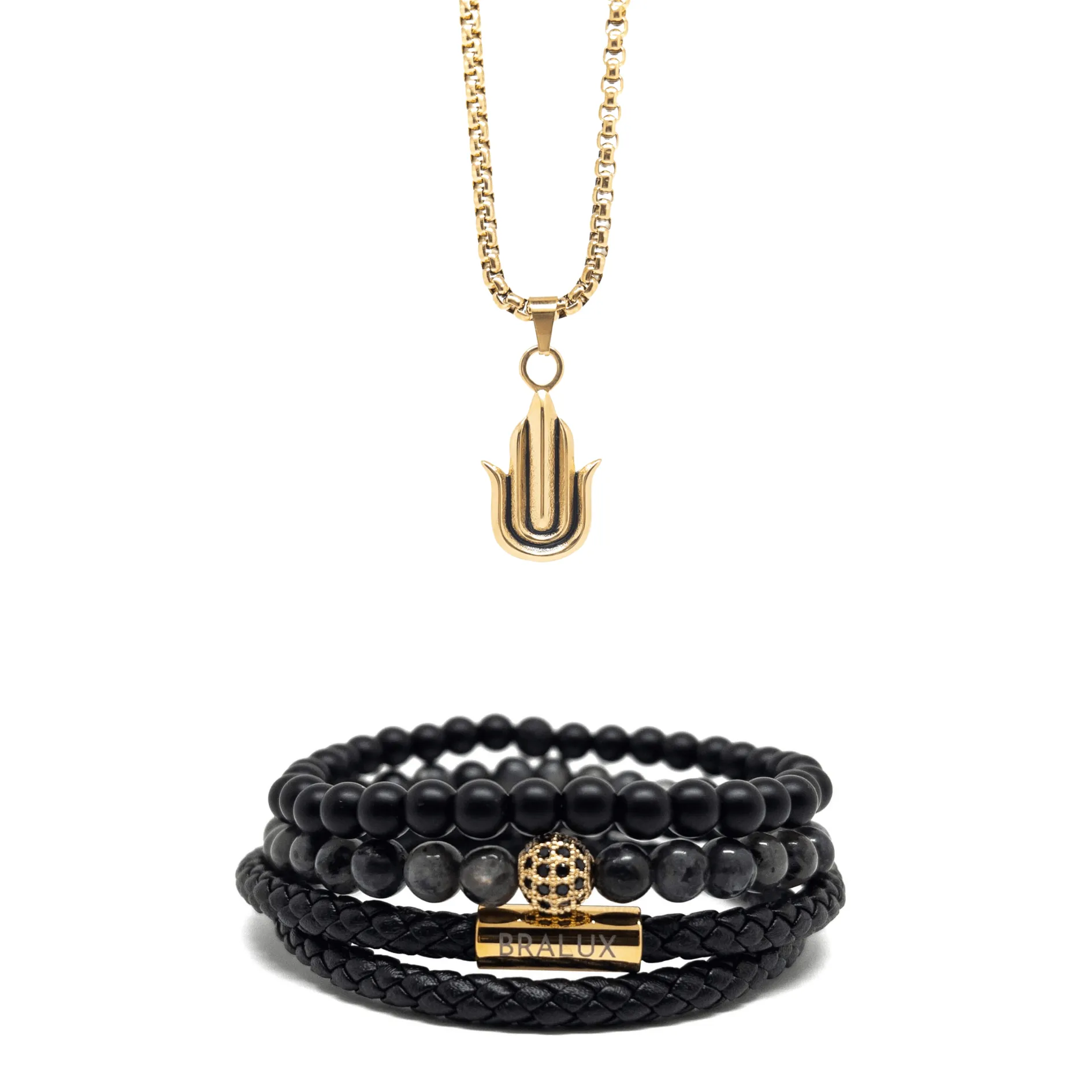The Gold Plated Duo Leather and Hamsa Hand Necklace Set