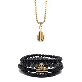 The Gold Plated Duo Leather and Hamsa Hand Necklace Set