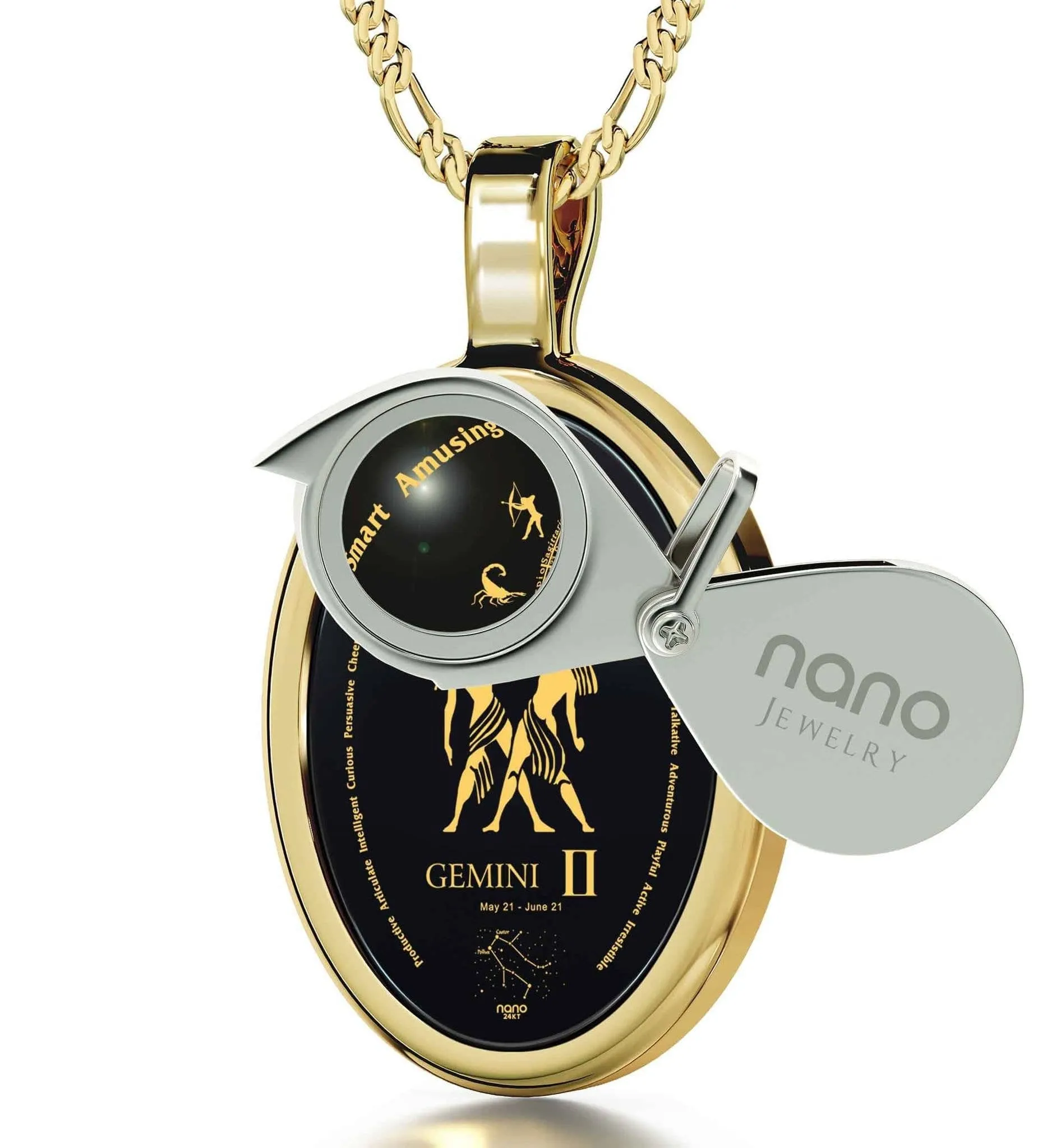 The World of Gemini, Sterling Silver Gold Plated (Vermeil) Necklace, Onyx